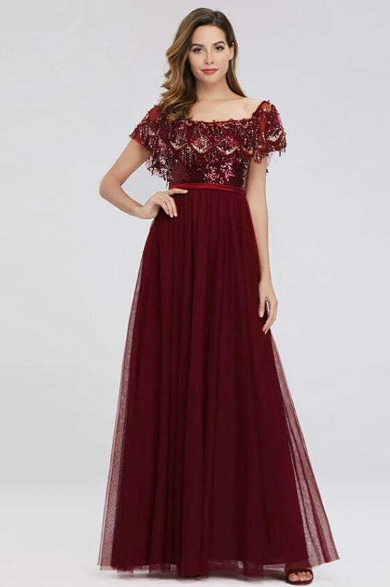 Gorgeous Burgundy Off-the-Shoulder Sequins Prom Dress-BallBride