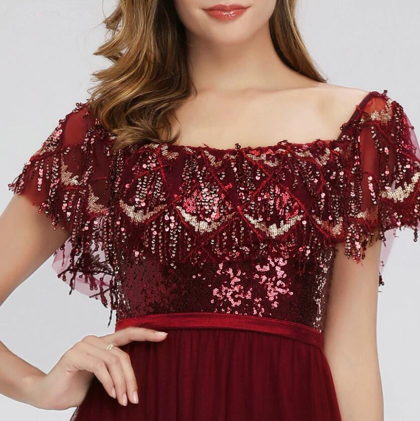 Gorgeous Burgundy Off-the-Shoulder Sequins Prom Dress-BallBride