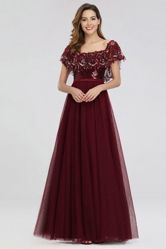 Gorgeous Burgundy Off-the-Shoulder Sequins Prom Dress-BallBride