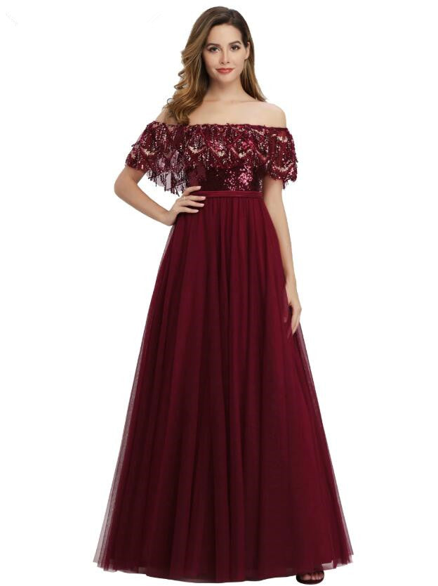 Gorgeous Burgundy Off-the-Shoulder Sequins Prom Dress-BallBride