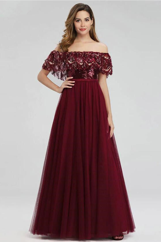 Gorgeous Burgundy Off-the-Shoulder Sequins Prom Dress-BallBride