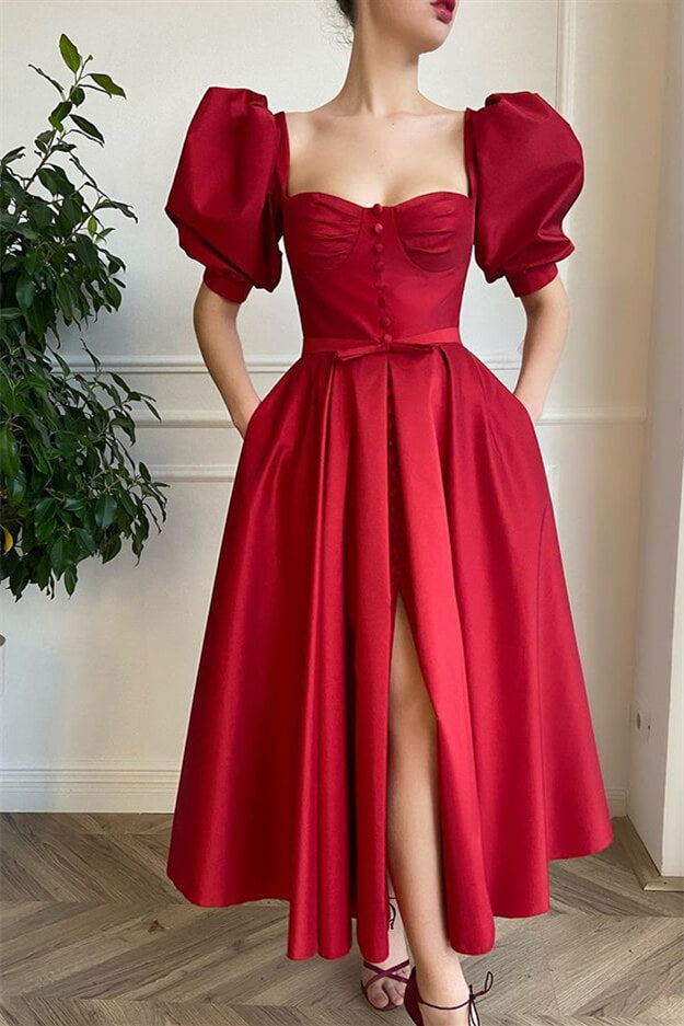 Gorgeous Burgundy Prom Dress With Bubble Sleeves & Front Split Buttons-BallBride