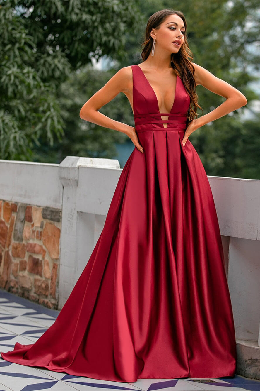Gorgeous Burgundy Sleeveless Long Evening Dress with Open Back Online-BallBride