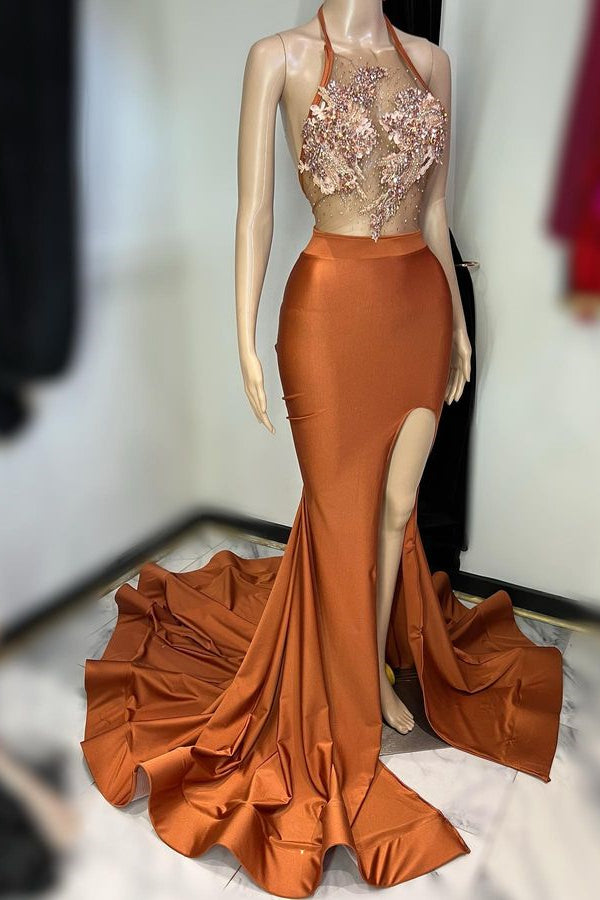 Gorgeous Burnt Orange Halter Prom Dress with Appliques and Split-BallBride