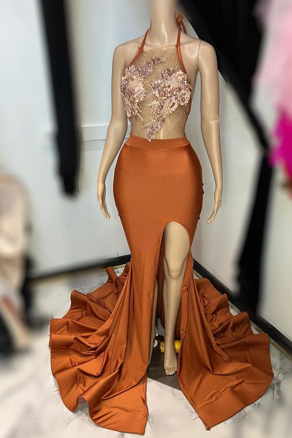 Gorgeous Burnt Orange Halter Prom Dress with Appliques and Split-BallBride