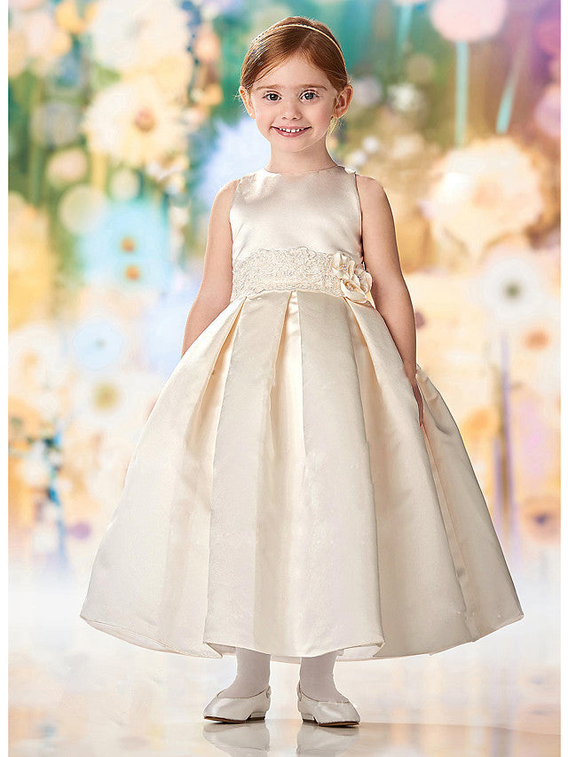 Gorgeous Cap Sleeve A-Line Lace Satin Flower Girl Dress With Buttons-BallBride