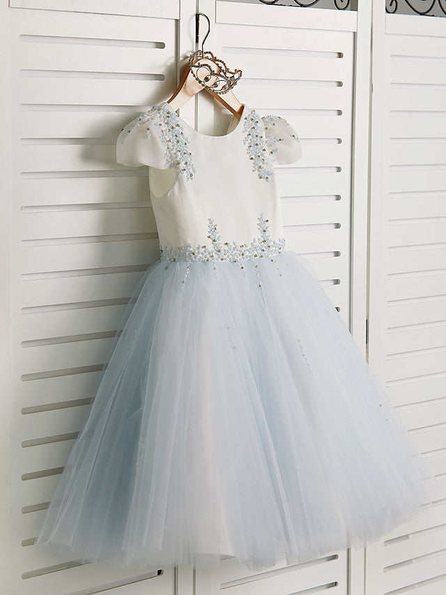 Gorgeous Cap Sleeve Jewel Neck Flower Girl Dresses Satin Tulle With Beading-BallBride