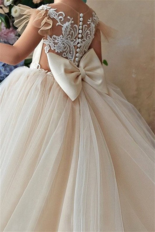 Gorgeous Cap Sleeveless Tulle Flower Girl Dress with Zipper Button Back and Bowknot-BallBride