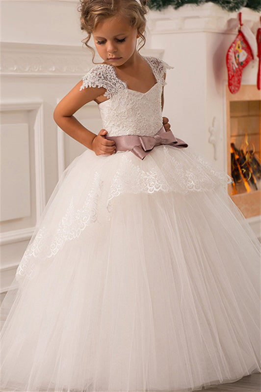 Gorgeous Cap Sleeves Flower Girl Dress Ball Gown Princess With Lace Appliques-BallBride