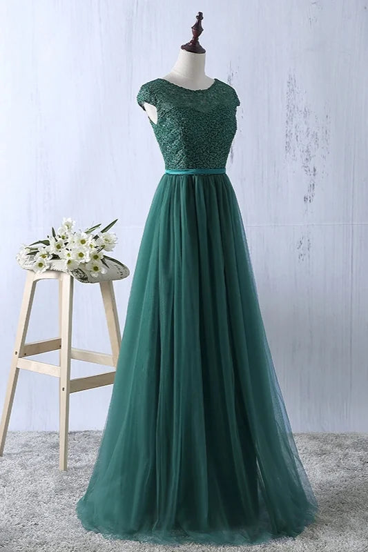 Gorgeous Cap Sleeves Lace Prom Dress Long Tulle Zipper Evening Gowns-BallBride