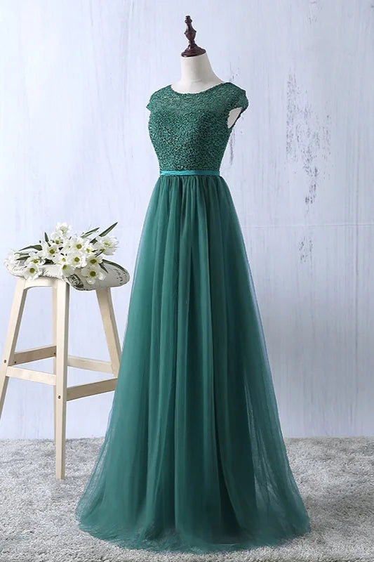 Gorgeous Cap Sleeves Lace Prom Dress Long Tulle Zipper Evening Gowns-BallBride