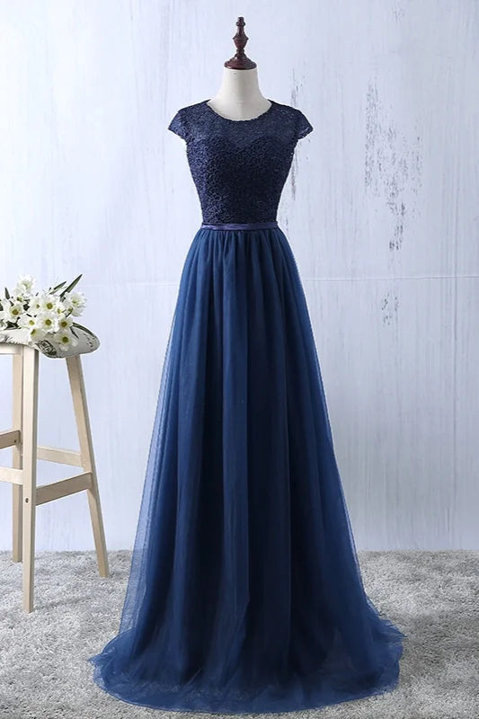 Gorgeous Cap Sleeves Lace Prom Dress Long Tulle Zipper Evening Gowns-BallBride
