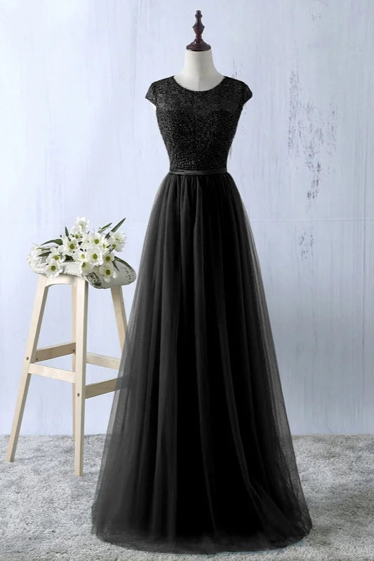 Gorgeous Cap Sleeves Lace Prom Dress Long Tulle Zipper Evening Gowns-BallBride