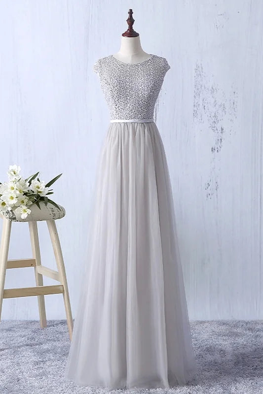 Gorgeous Cap Sleeves Lace Prom Dress Long Tulle Zipper Evening Gowns-BallBride