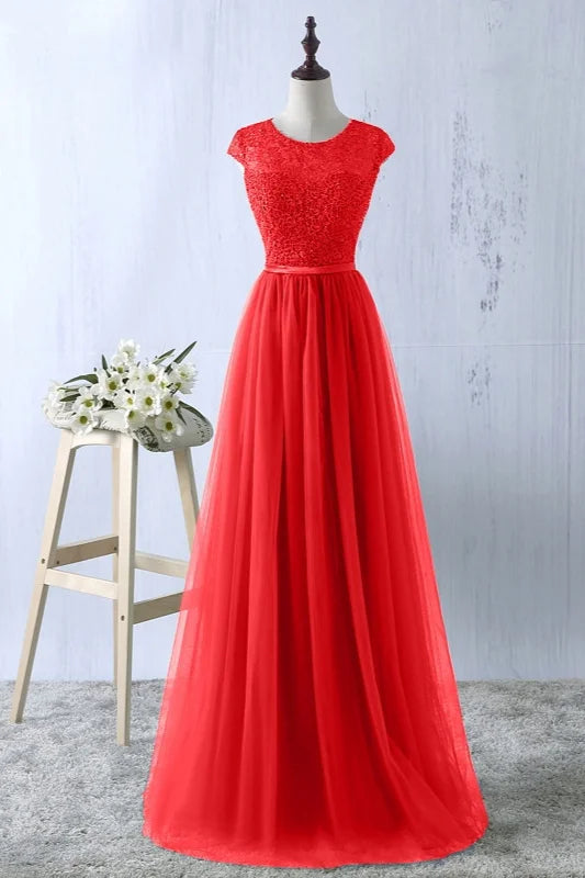 Gorgeous Cap Sleeves Lace Prom Dress Long Tulle Zipper Evening Gowns-BallBride