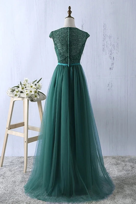 Gorgeous Cap Sleeves Lace Prom Dress Long Tulle Zipper Evening Gowns-BallBride