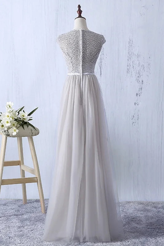 Gorgeous Cap Sleeves Lace Prom Dress Long Tulle Zipper Evening Gowns-BallBride