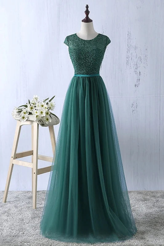 Gorgeous Cap Sleeves Lace Prom Dress Long Tulle Zipper Evening Gowns-BallBride