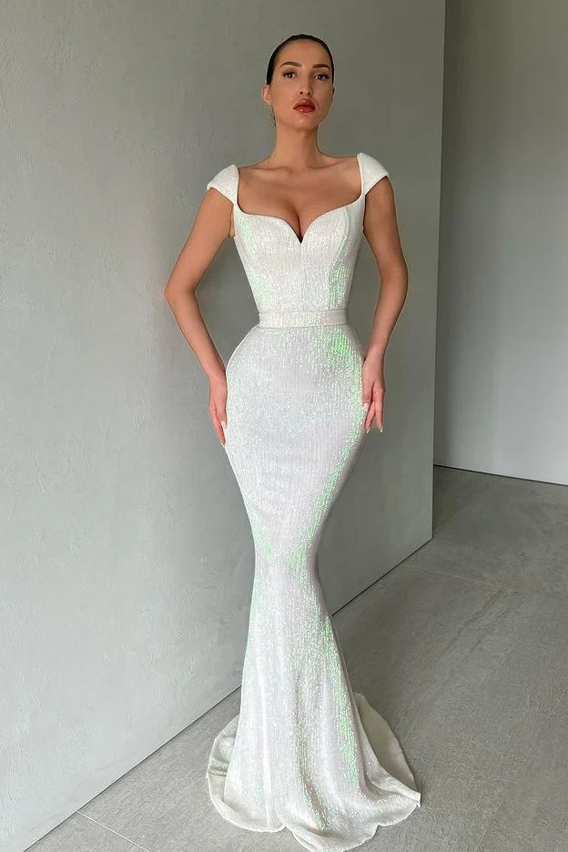 Gorgeous Cap Sleeves Sequins evening Dress Long Mermaid Party Gowns-BallBride