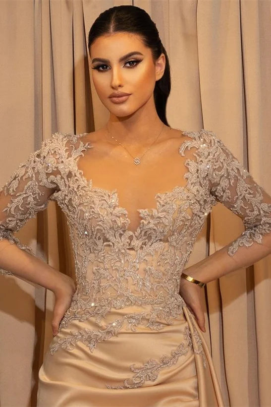 Gorgeous Champagne Long Sleeves V-neck Mermaid Satin Evening Prom Dress with Slit-BallBride