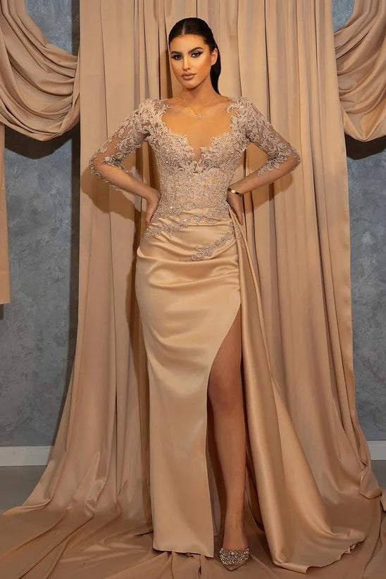 Gorgeous Champagne Long Sleeves V-neck Mermaid Satin Evening Prom Dress with Slit-BallBride