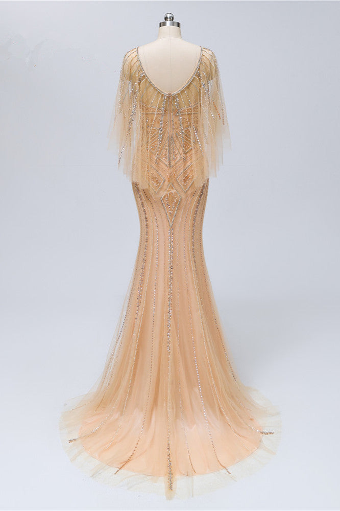 Gorgeous Champagne Long Tulle Prom Dress with Jewel Ruffles Sleeves & Beadings-BallBride