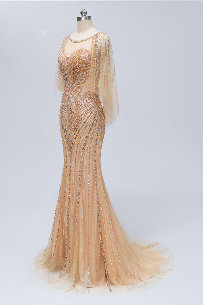 Gorgeous Champagne Long Tulle Prom Dress with Jewel Ruffles Sleeves & Beadings-BallBride