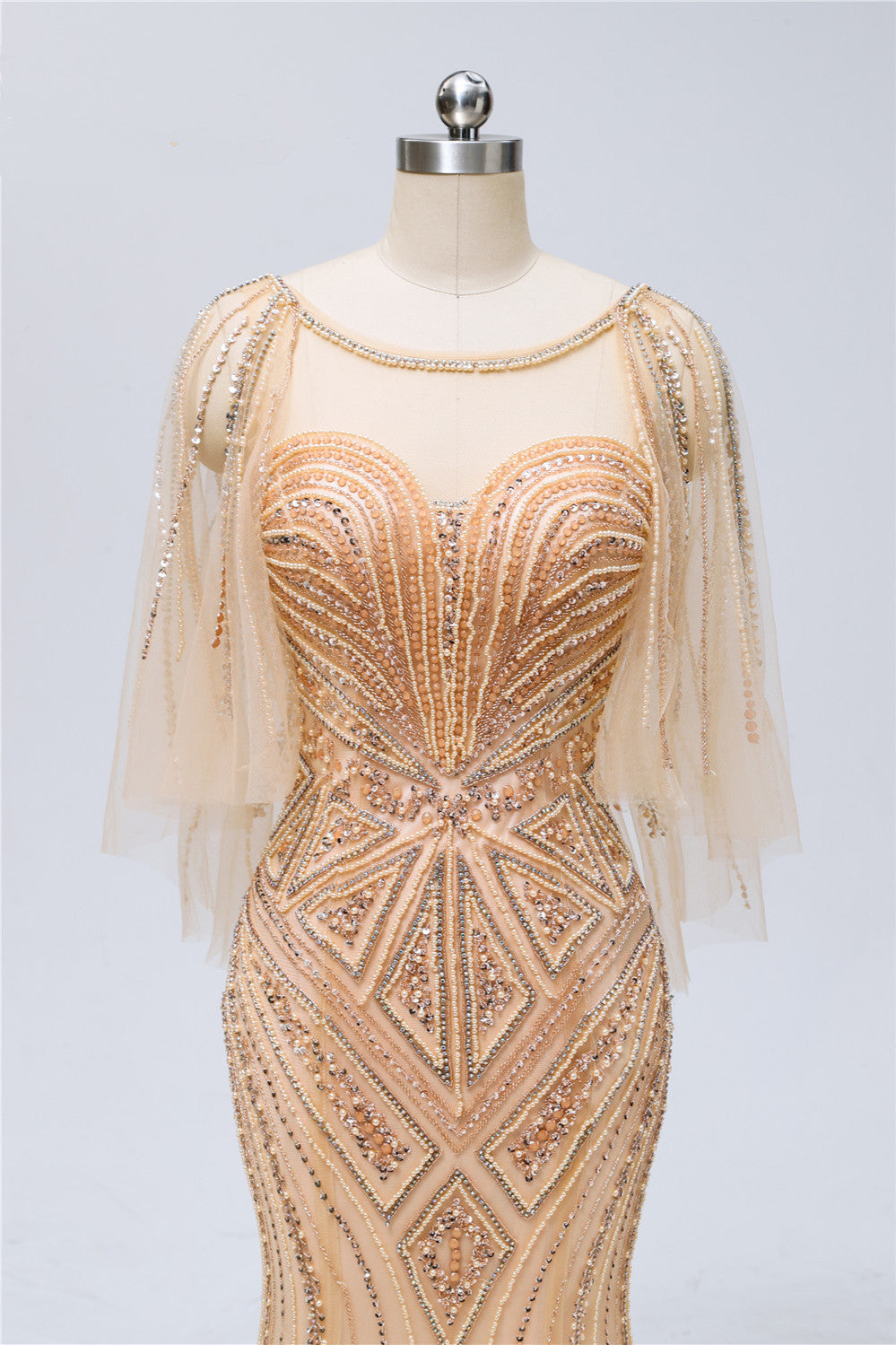 Gorgeous Champagne Long Tulle Prom Dress with Jewel Ruffles Sleeves & Beadings-BallBride