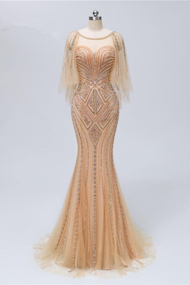 Gorgeous Champagne Long Tulle Prom Dress with Jewel Ruffles Sleeves & Beadings-BallBride