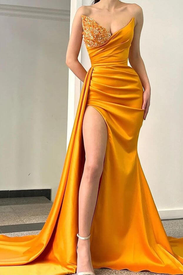 Gorgeous Champagne Sweetheart Mermaid Long Prom Dress Split With Beads-BallBride
