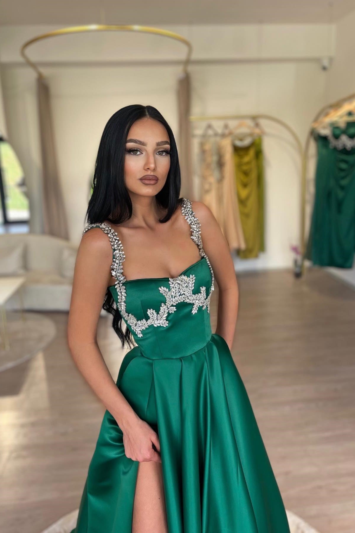 Gorgeous Dark Green Crystals A-line Prom Dress With Split-BallBride