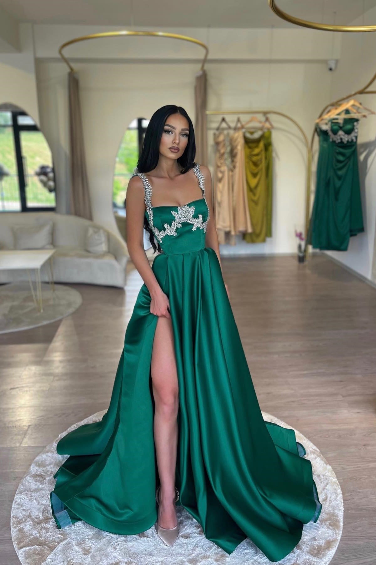 Gorgeous Dark Green Crystals A-line Prom Dress With Split-BallBride