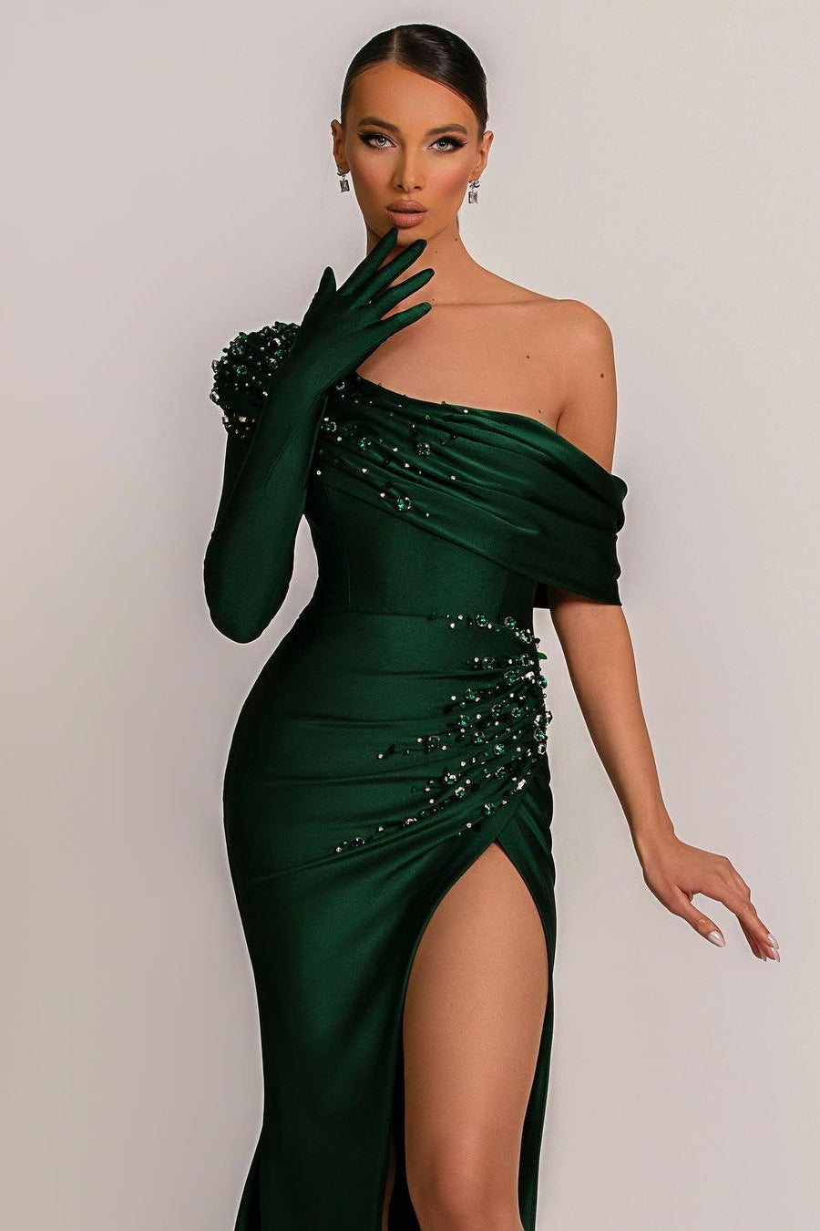 Gorgeous Dark Green Mermaid Prom Dress With One Shoulder Single Sleeve and Beadings Split-BallBride