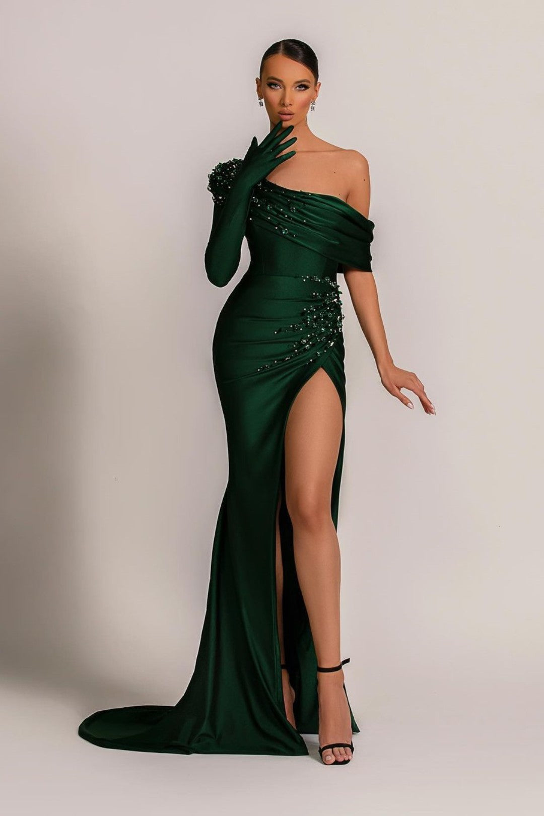 Gorgeous Dark Green Mermaid Prom Dress With One Shoulder Single Sleeve and Beadings Split-BallBride