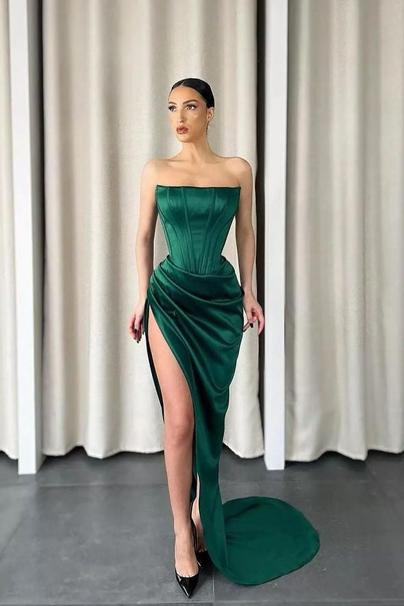 Gorgeous Dark Green Strapless Mermaid Evening Dress Long With Slit-BallBride