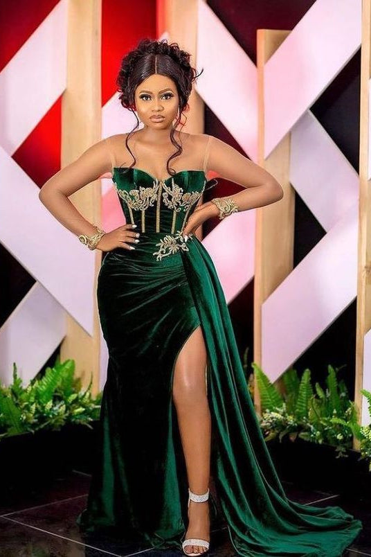Gorgeous Dark Green Velvet Illusion Neck Prom Dress With Split and Appliques-BallBride