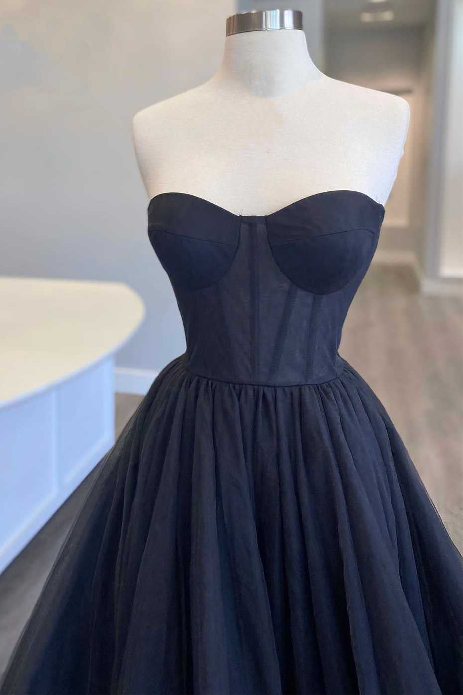 Gorgeous Dark Navy Strapless Sleeveless A-Line Tulle Prom Dress-BallBride