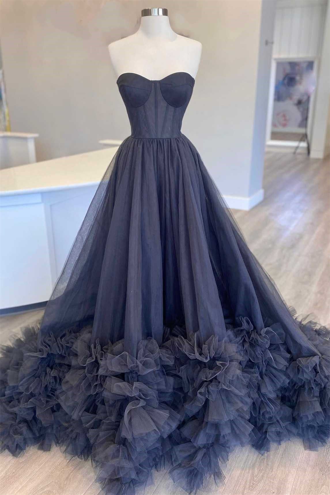 Gorgeous Dark Navy Strapless Sleeveless A-Line Tulle Prom Dress-BallBride