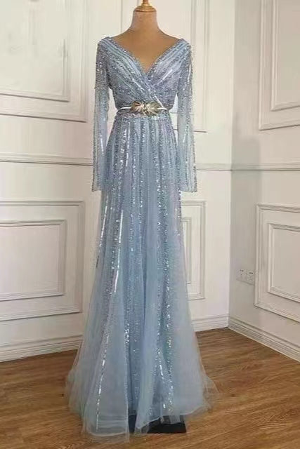 Gorgeous Deep V-Neck Sequins Evening Dress with Beads Tulle Long Sleeves-BallBride