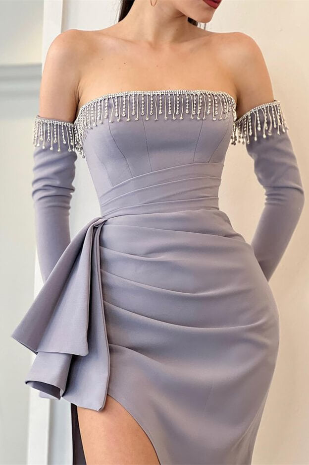 Gorgeous Detachable Sleeves Mermaid Prom Dress with Long Slit and Tassels-BallBride