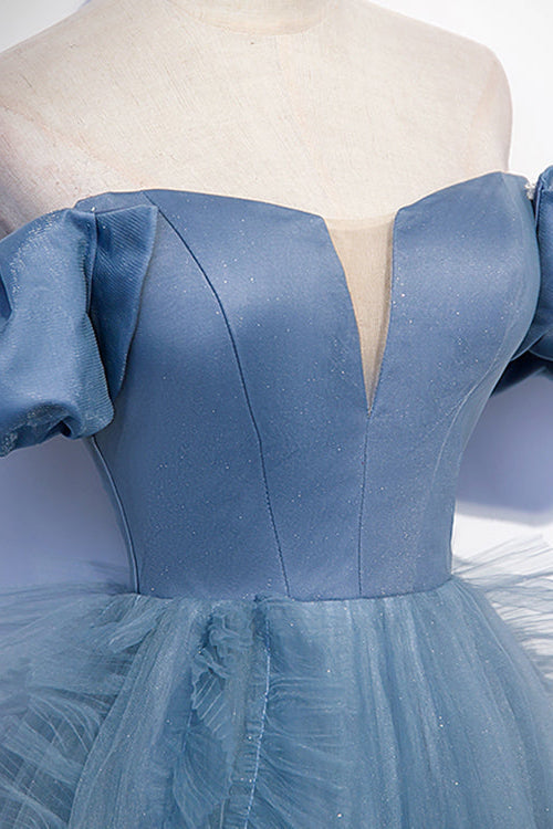 Gorgeous Dusty Blue Off-The-Shoulder Long Prom Dress Tulle With V-Neck-BallBride