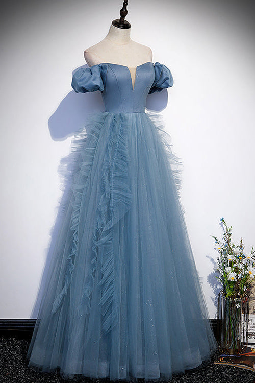 Gorgeous Dusty Blue Off-The-Shoulder Long Prom Dress Tulle With V-Neck-BallBride