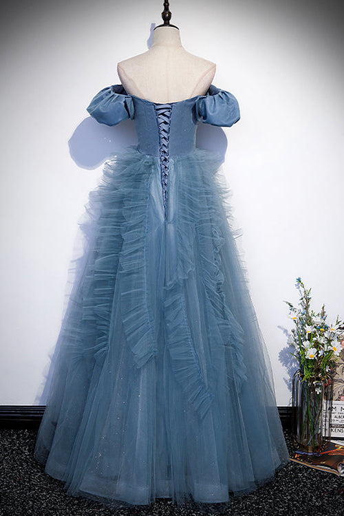 Gorgeous Dusty Blue Off-The-Shoulder Long Prom Dress Tulle With V-Neck-BallBride