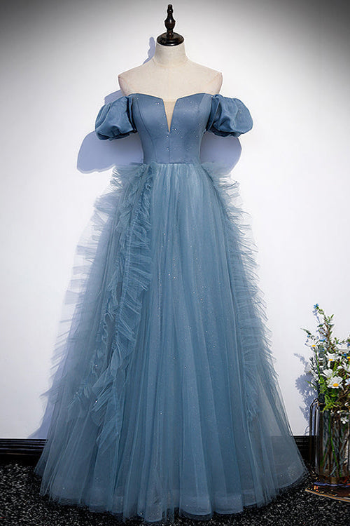 Gorgeous Dusty Blue Off-The-Shoulder Long Prom Dress Tulle With V-Neck-BallBride