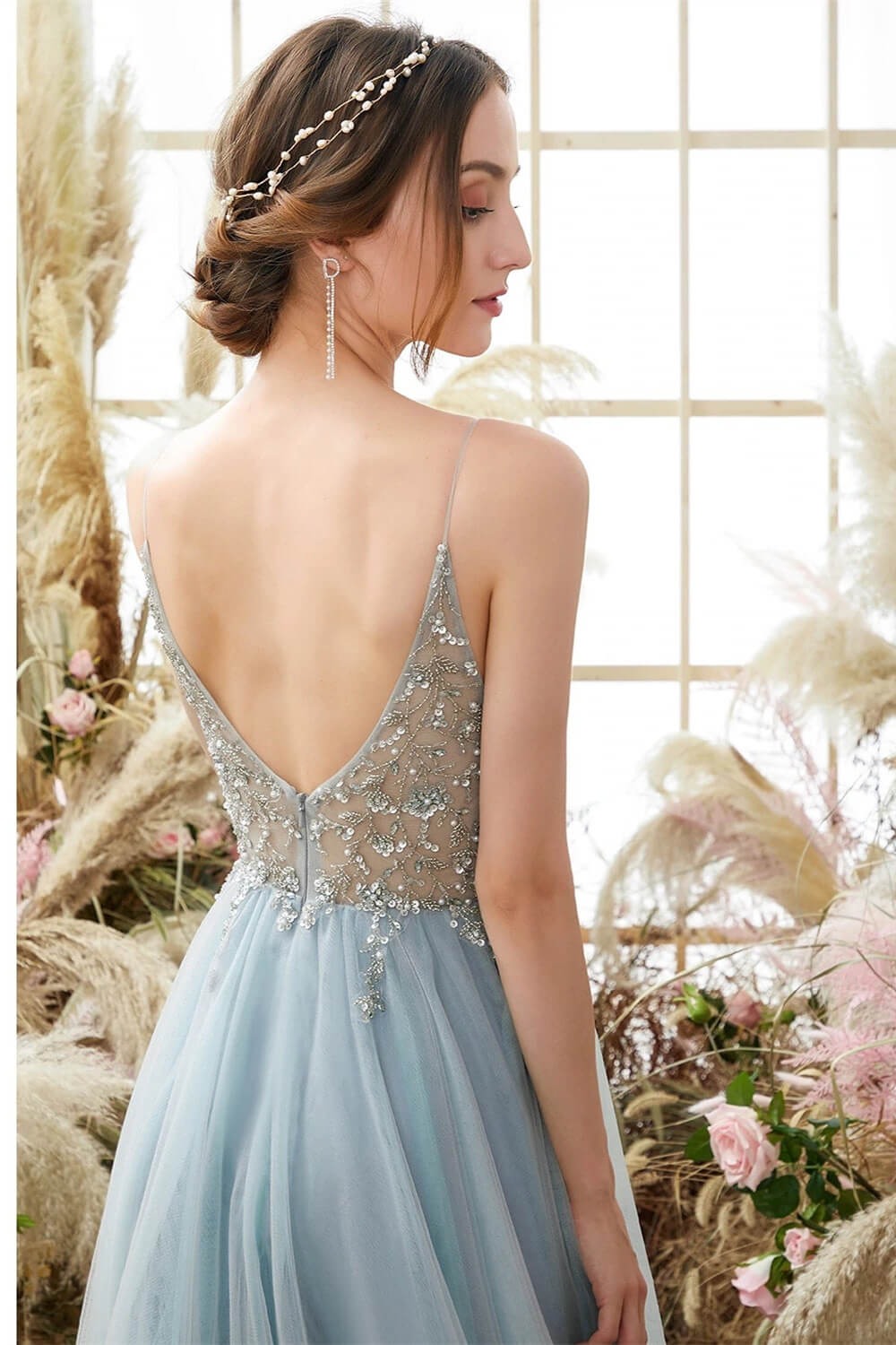 Gorgeous Dusty Blue Tulle V-Neck Prom Dress With Beadings and Slit-BallBride