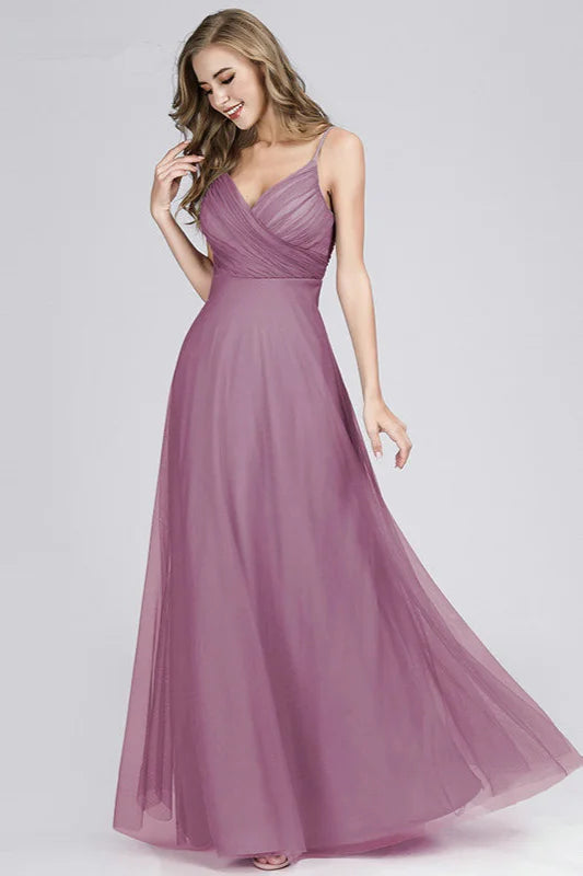 Gorgeous Dusty Blue V-Neck Prom Dress Long Tulle Evening Party Gowns-BallBride