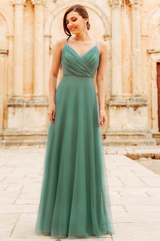 Gorgeous Dusty Blue V-Neck Prom Dress Long Tulle Evening Party Gowns-BallBride