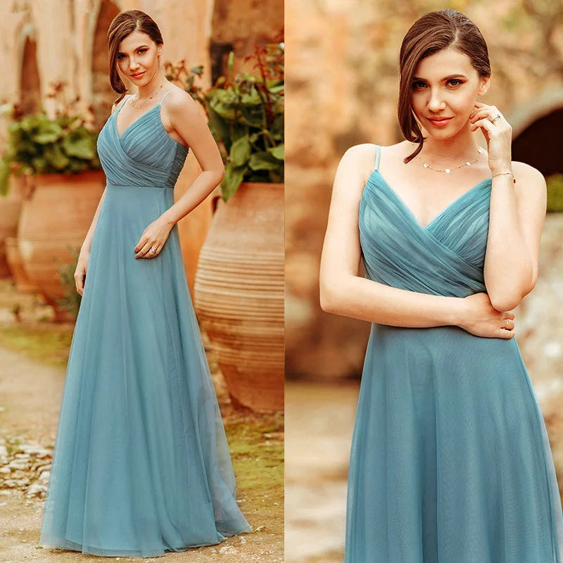 Gorgeous Dusty Blue V-Neck Prom Dress Long Tulle Evening Party Gowns-BallBride