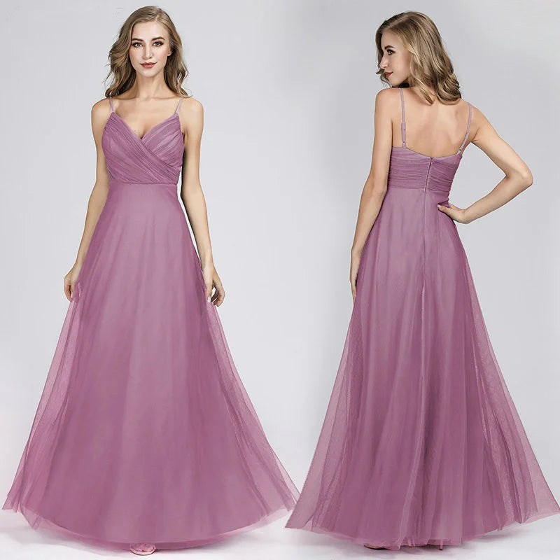 Gorgeous Dusty Blue V-Neck Prom Dress Long Tulle Evening Party Gowns-BallBride