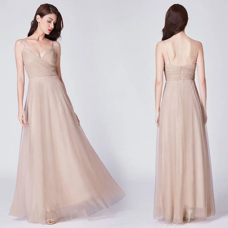 Gorgeous Dusty Blue V-Neck Prom Dress Long Tulle Evening Party Gowns-BallBride